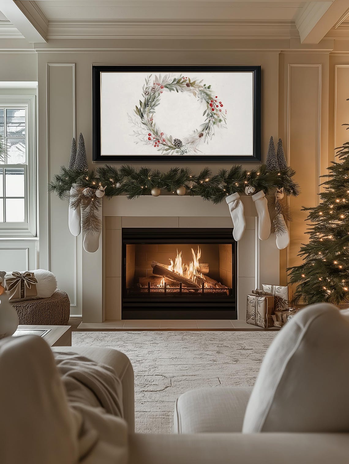 Watercolor Christmas Wreath Greenery Red Berries Holiday Art Poster - Image 2