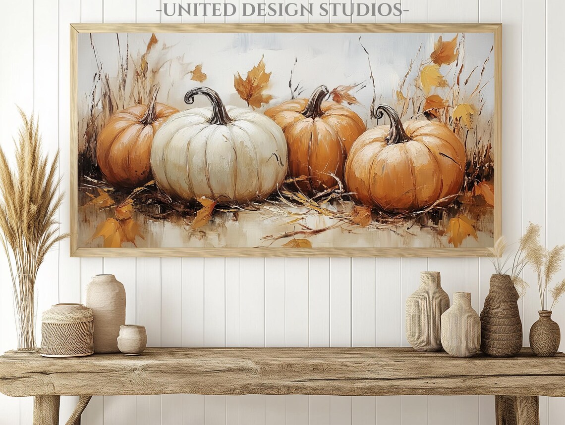 Rustic White Orange Pumpkins Oil Painting Fall Farmhouse Frame TV Poster - Image 2