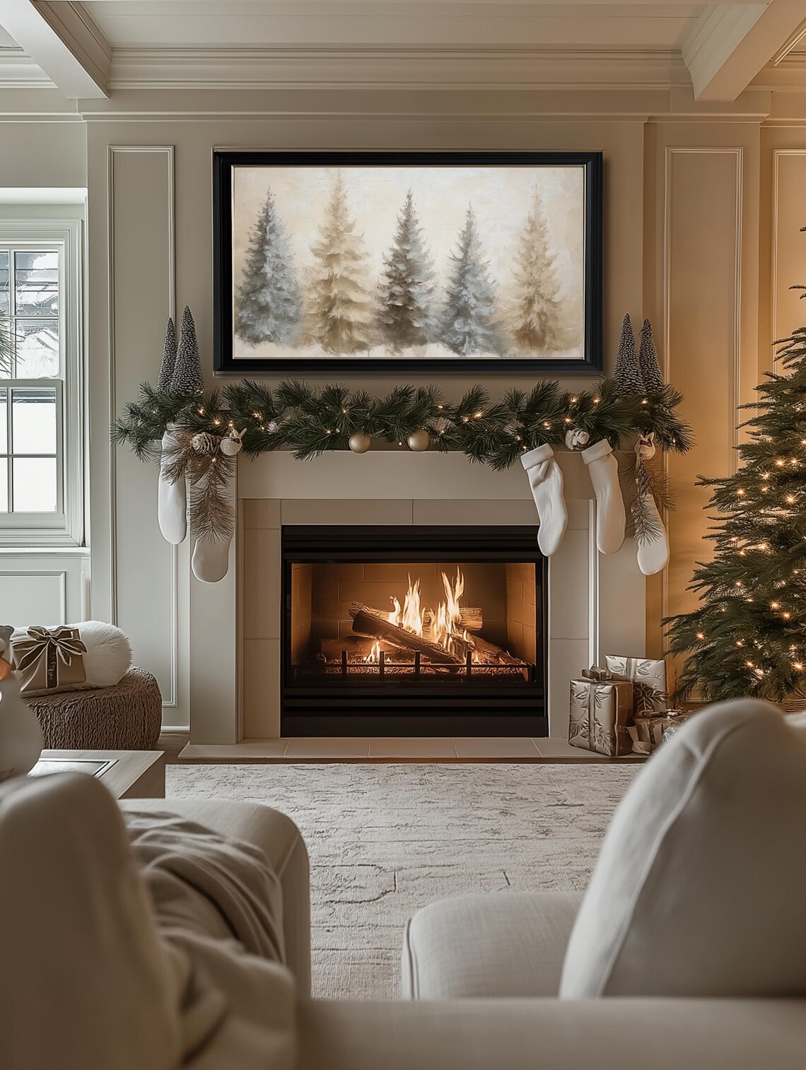 Muted Neutral Snowy Christmas Trees Winter Farmhouse Art Poster - Image 2