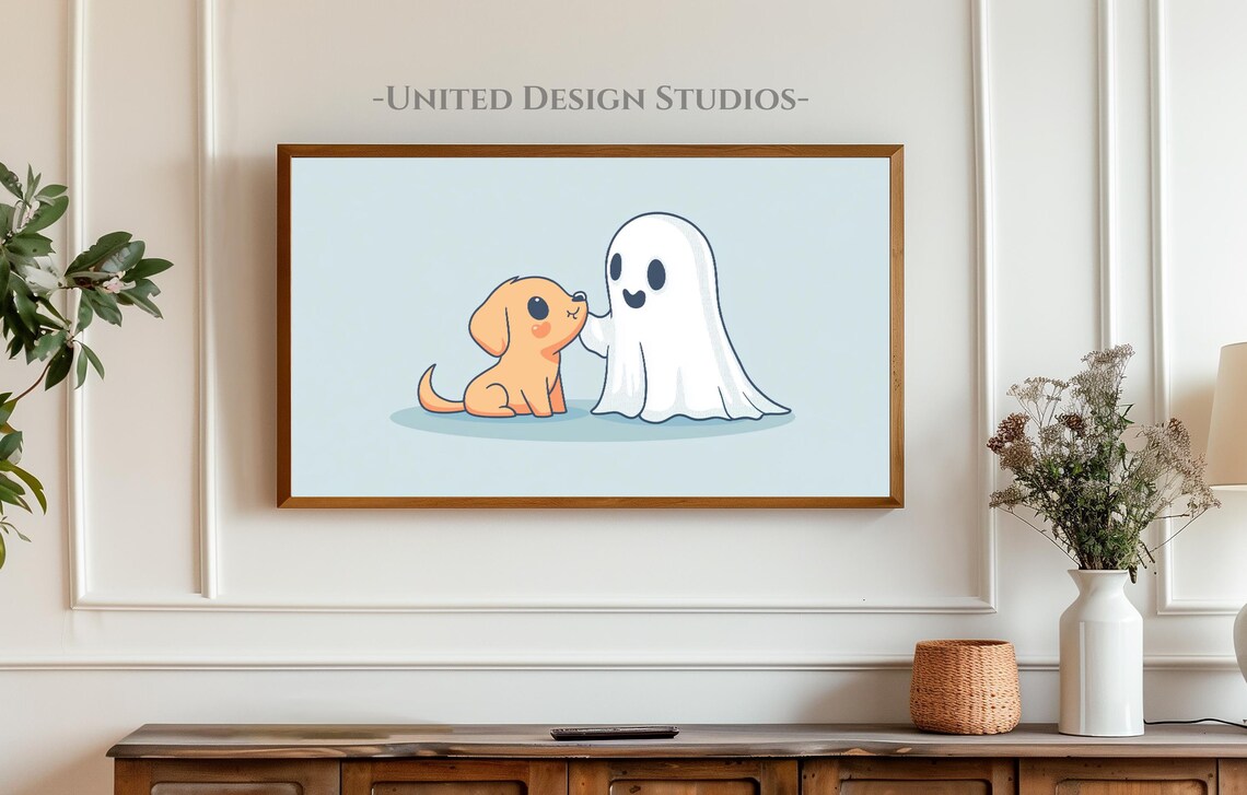 Cute Ghost And Puppy Cartoon Pastel Blue Halloween Art Poster - Image 3