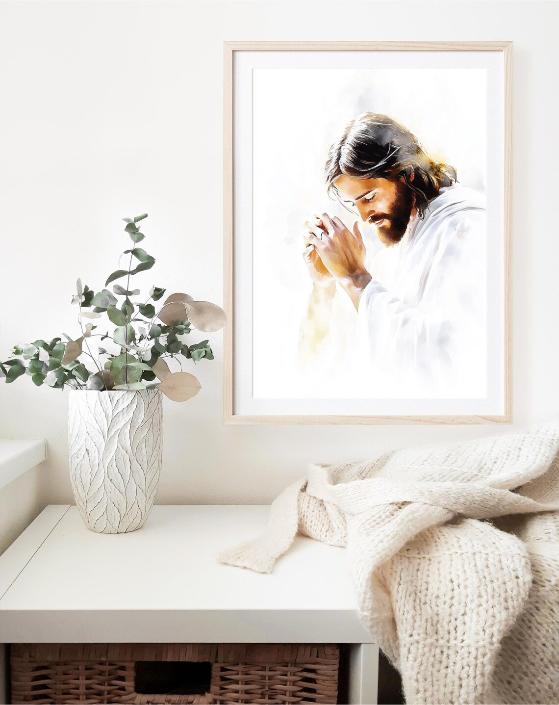 Jesus Praying Hands Clasped Watercolor Devotion Christian Faith Art Poster - Image 3