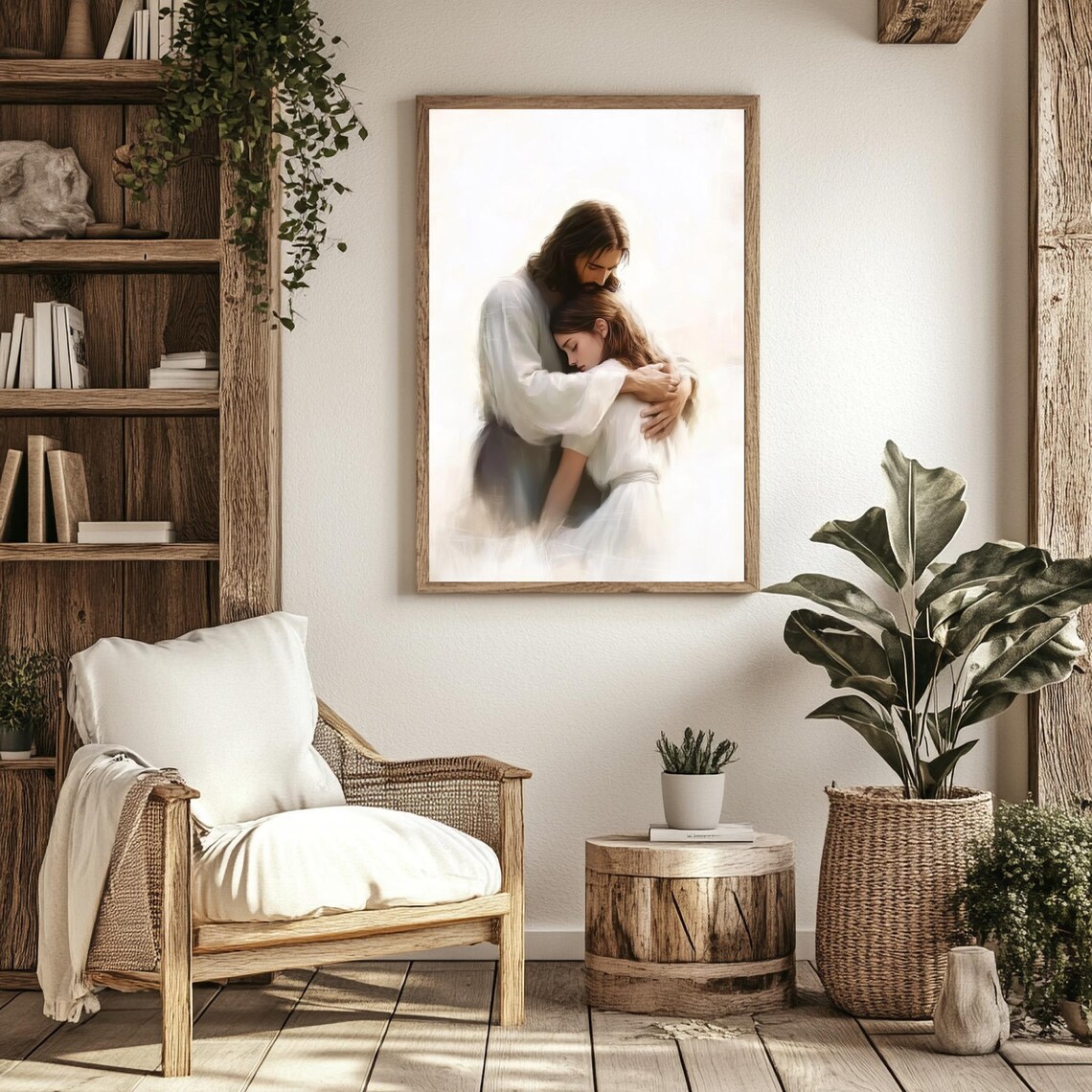 Jesus Hugging Crying Woman Comforting Embrace Soft White Light Faith Poster - Image 2