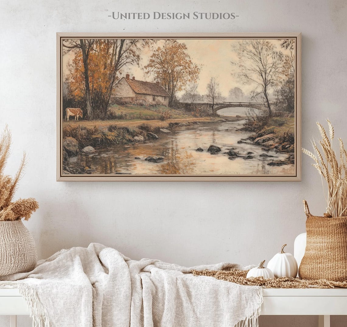Rustic Cottage River Stone Bridge Cow Autumn Countryside Farm Poster - Image 4