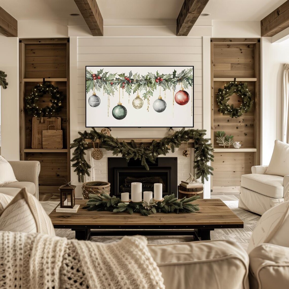 Christmas Holly Garland Hanging Ornaments Watercolor Holiday Poster - Image 4