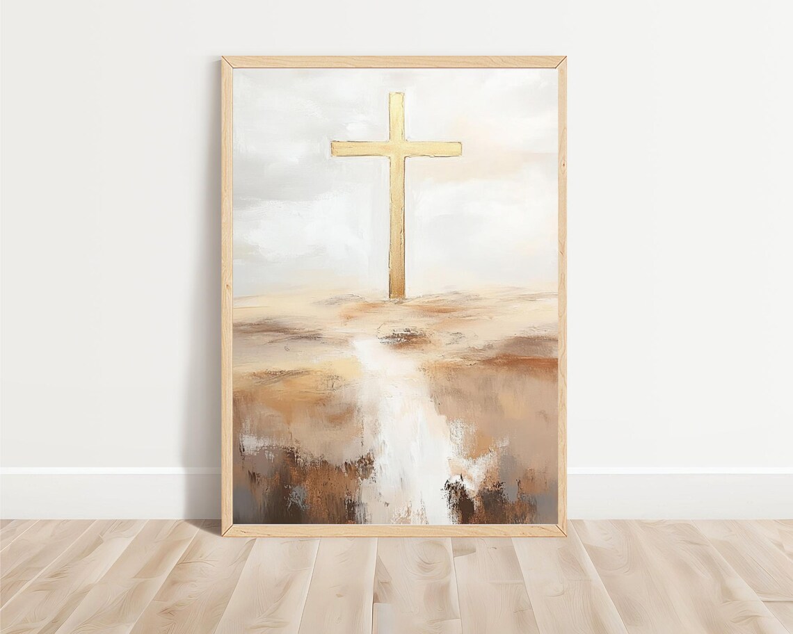Gold Cross Abstract Beige Christian Faith Minimalist Wall Art Poster - Image 4
