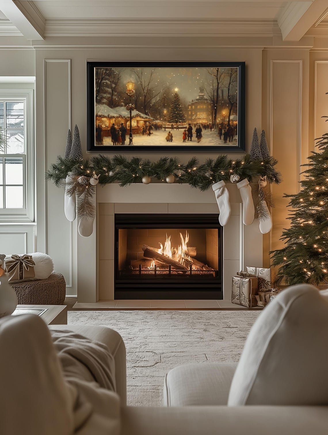 Christmas Frame Tv Art Winter Christmas Village Tv Art Neutral Painting Of Holiday Market Frame Tv Art Frame Tv Art Christmas - Image 2