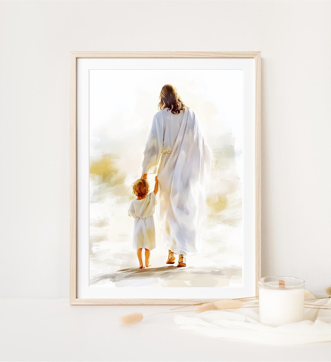 Jesus Holding Child Hand Bright Light Watercolor Christian Faith Art Print - Image 3