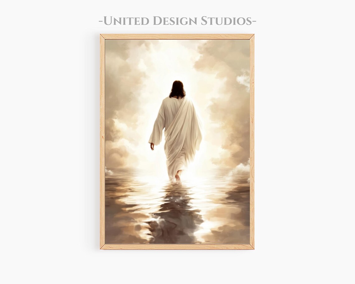 Jesus Walking On Water Golden Heavenly Clouds Glow Christian Art Poster