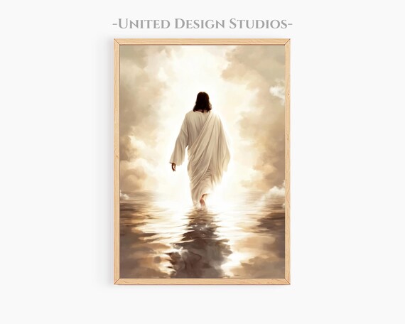 Jesus Walking On Water Golden Heavenly Clouds Glow Christian Art Poster