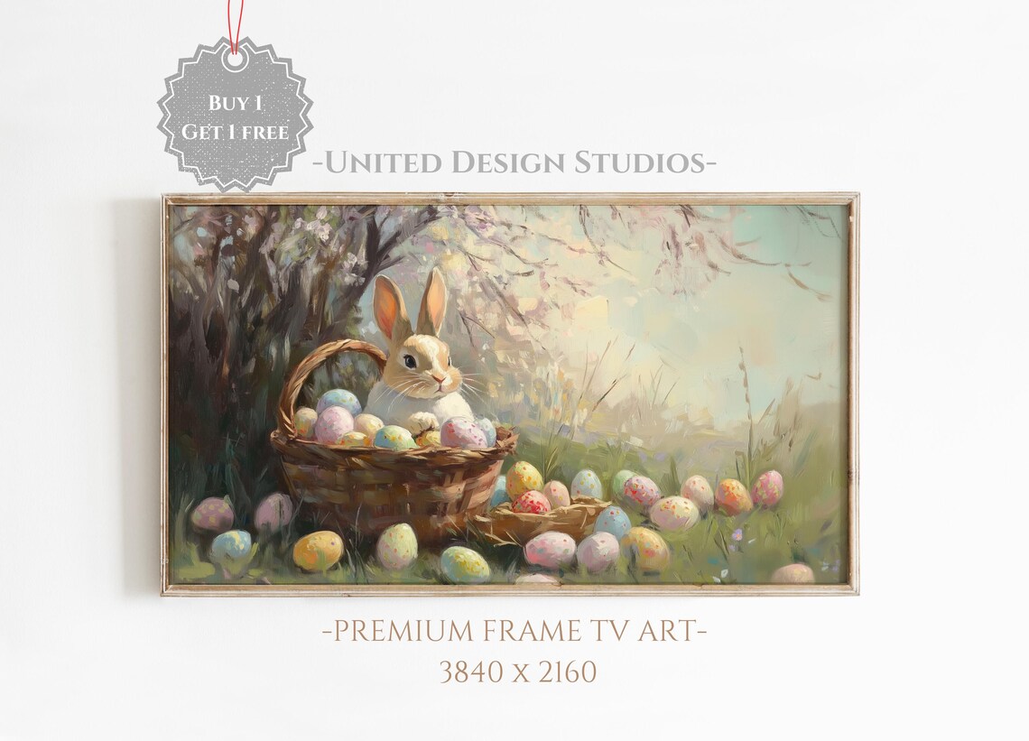 Easter Bunny In Basket With Eggs, Farmhouse Art Print