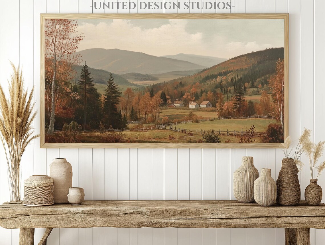 Autumn Valley Mountains Farmhouses Fall Foliage Vintage Art Print - Image 2