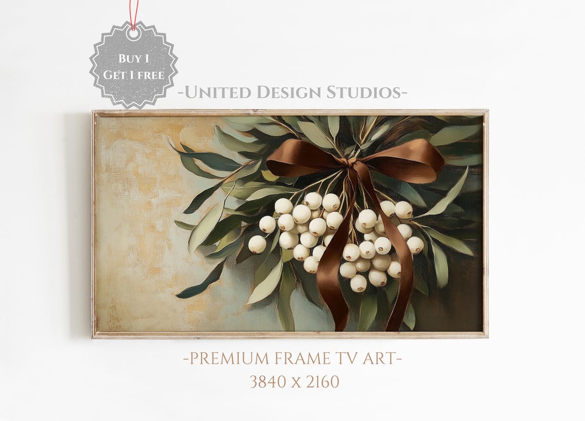 Christmas Mistletoe White Berries Brown Satin Bow Holiday Wall Art