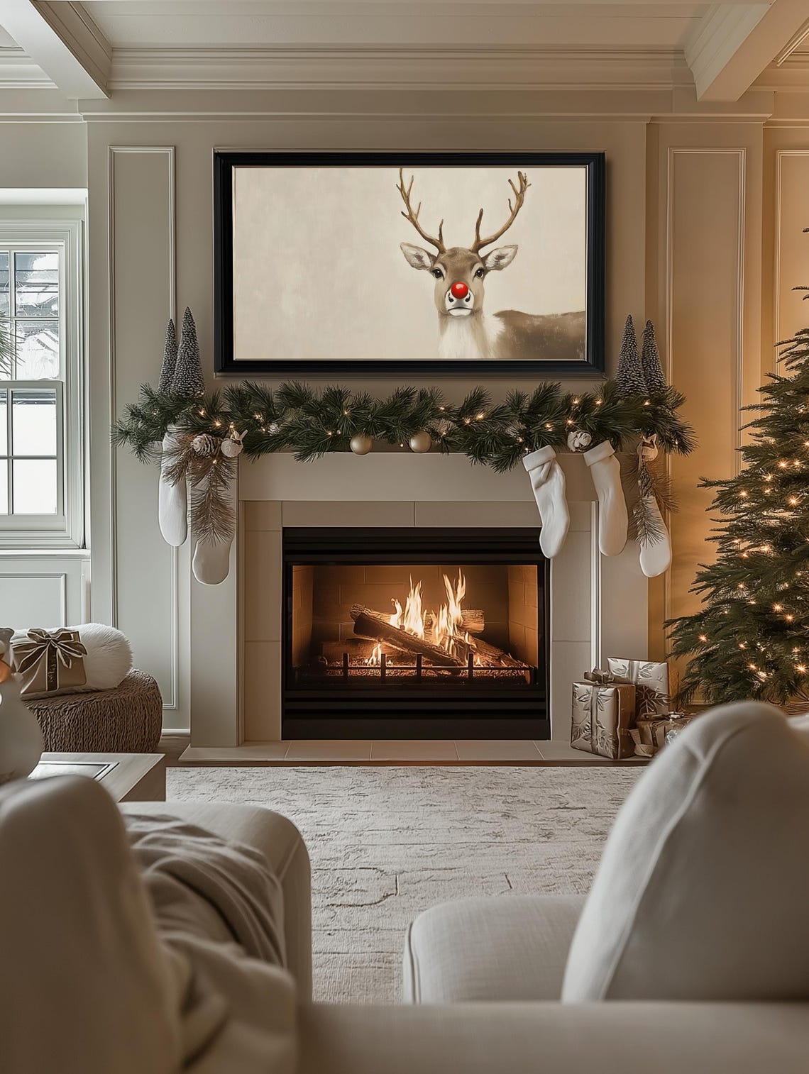Christmas Reindeer Frame Tv Art Neutral Oil Painting Of Reindeer Christmas Frame Tv Art Farmhouse Christmas Tv Art - Image 2
