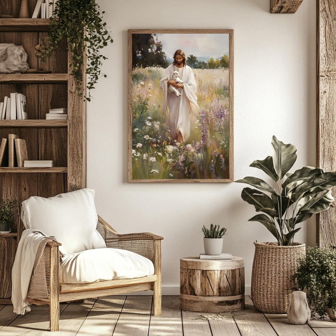 Jesus Holding Lamb Wildflower Meadow Christian Shepherd Art Poster - Image 2