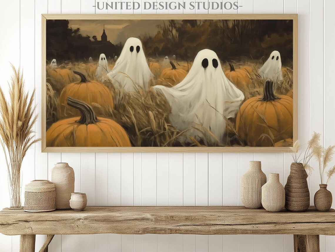 Halloween Ghosts in Pumpkin Patch Spooky Fall Night Frame TV Art Poster - Image 2
