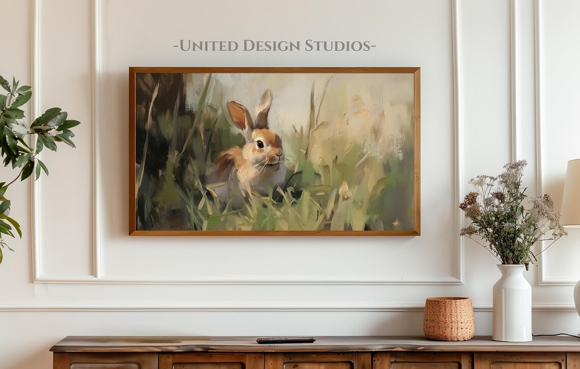 Bunny in Spring Grass Easter Rabbit Oil Painting Frame TV Art Poster - Image 3