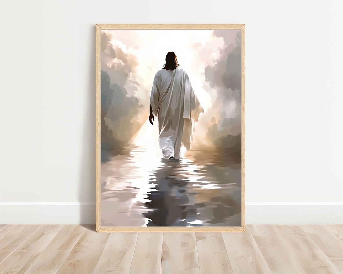 Jesus Walking Into Heavenly Light Water Clouds Christian Faith Art Poster - Image 4