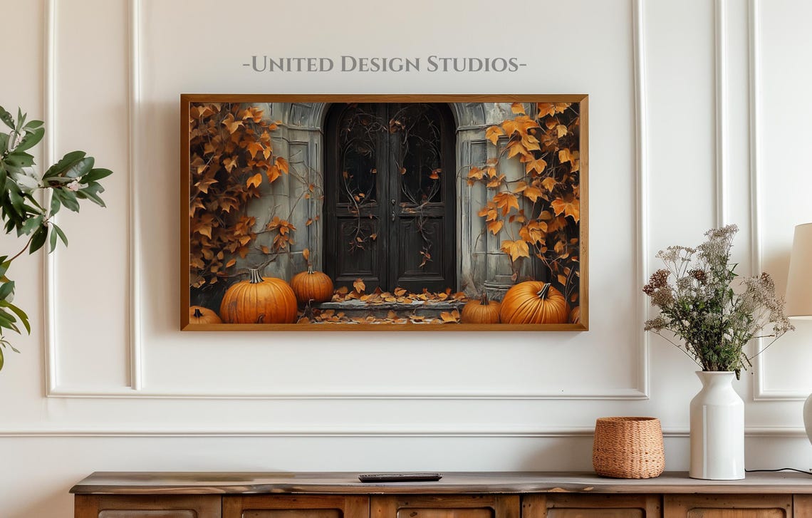 Dark Gothic Door With Pumpkins Fall Halloween Entryway Wall Art - Image 4
