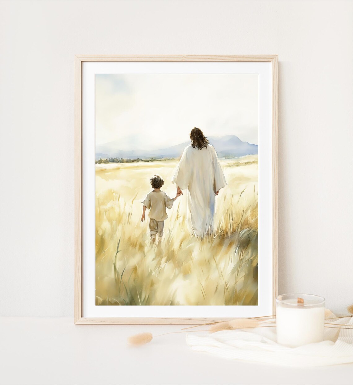 Jesus Walking With Child Golden Wheat Field Tender Christian Art Poster - Image 3