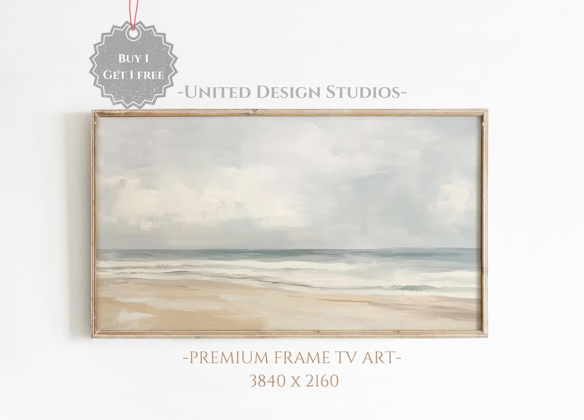 Serene Neutral Seascape Beach Painting Soft Ocean Waves Sky Poster