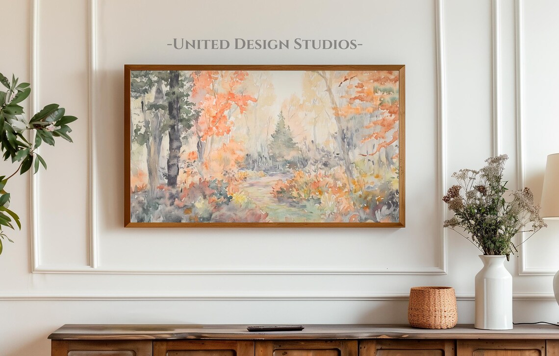 Watercolor Fall Forest Path Orange Leaves Autumn Woods Art Poster - Image 3