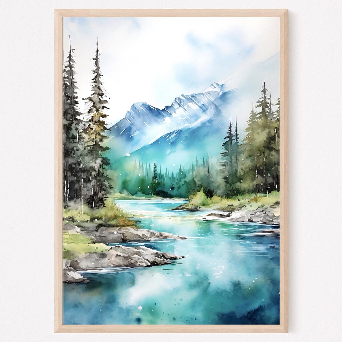 Turquoise Alpine Lake Pine Trees Snowy Peak Watercolor Poster