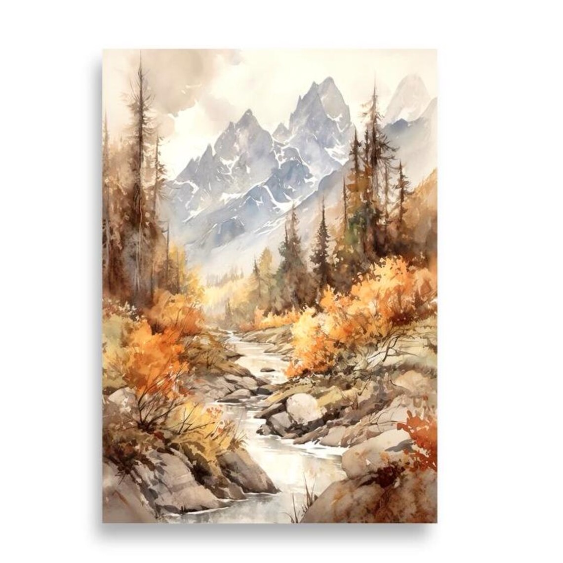 Autumn Forest Stream Winding Through Golden Trees Watercolor View Poster - Image 5