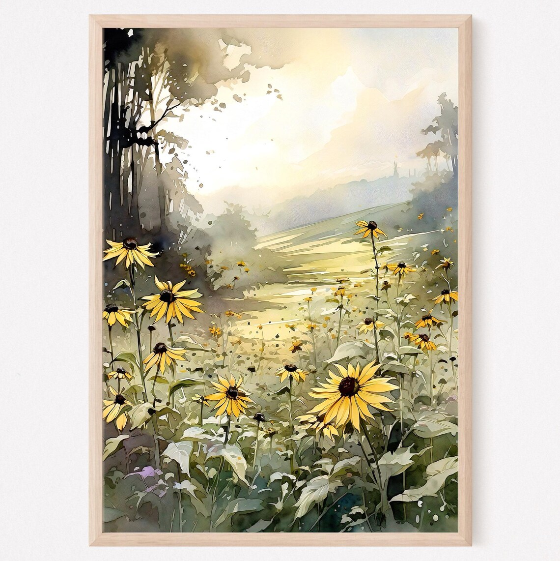 Yellow Wildflower Meadow Morning Mist Watercolor Field Art Poster