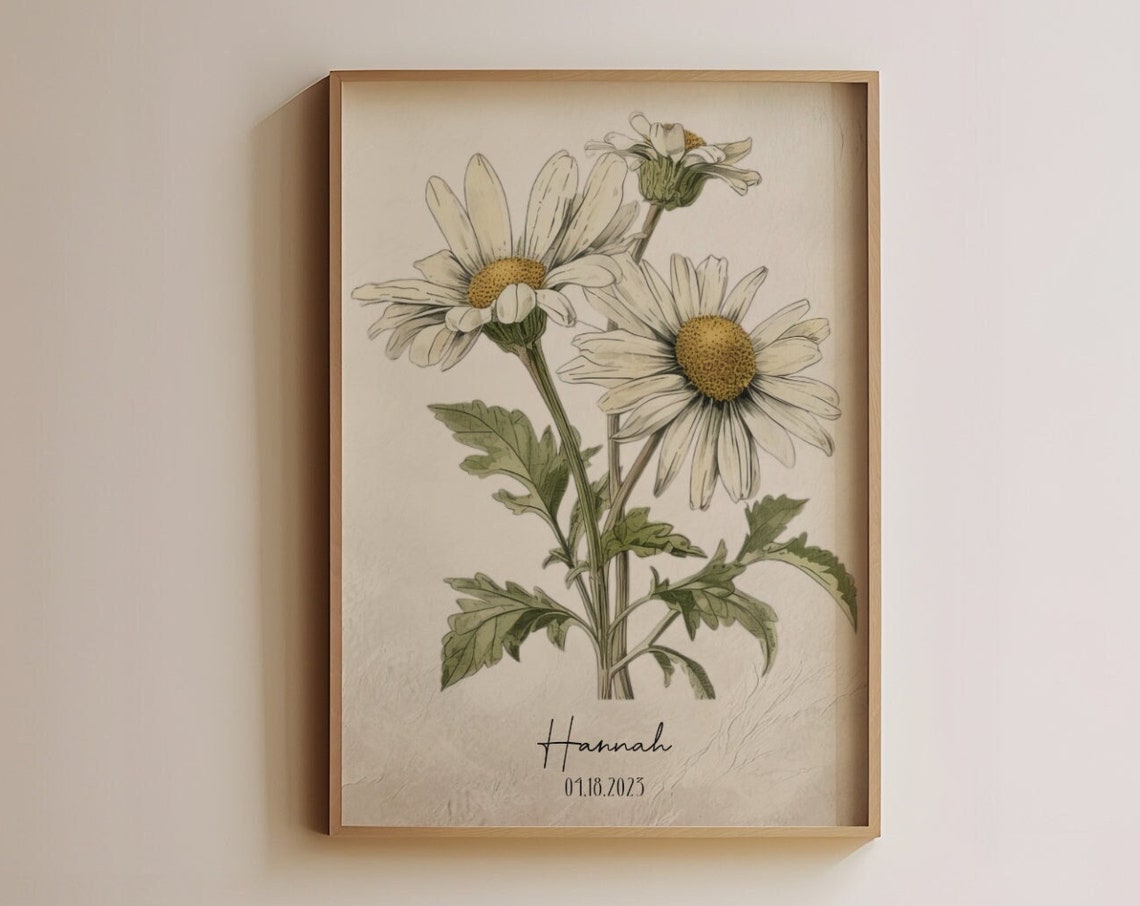 Hannah Personalized White Daisy Botanical Vintage Floral Poster