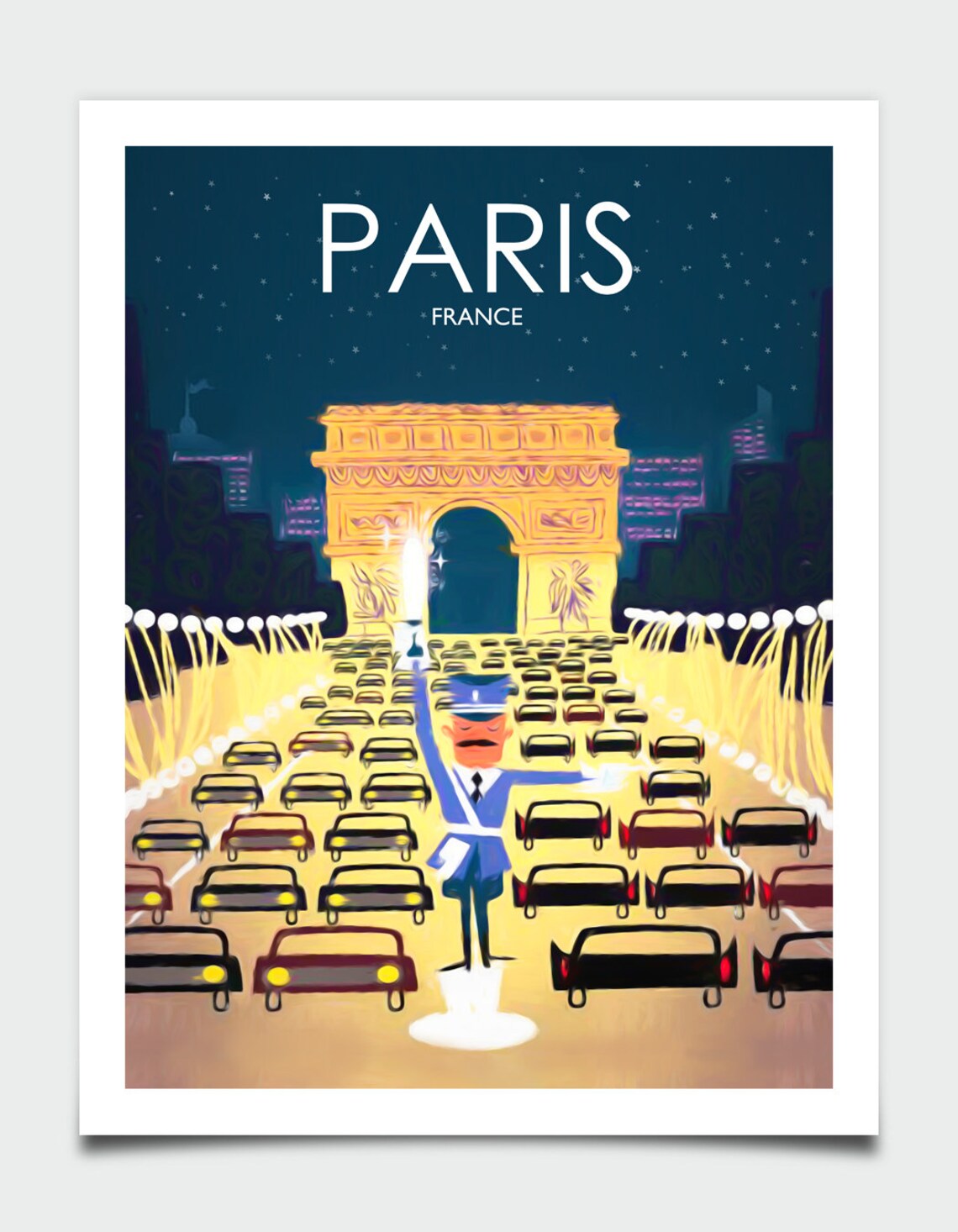 Paris France Arc De Triomphe Vintage Night Scene Travel Poster - Image 2