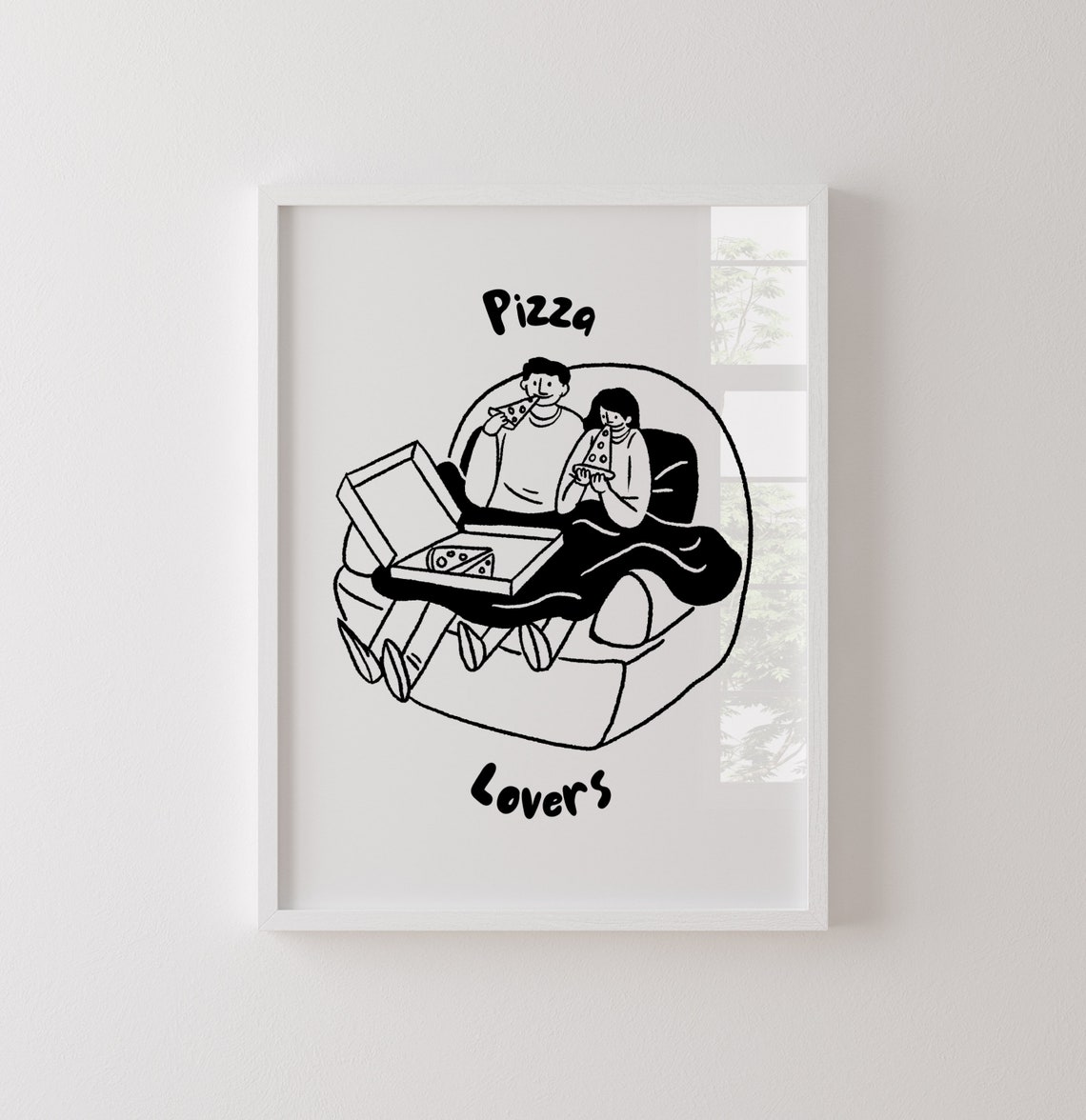 Pizza Lovers Cute Couple Couch Doodle Black White Food Poster