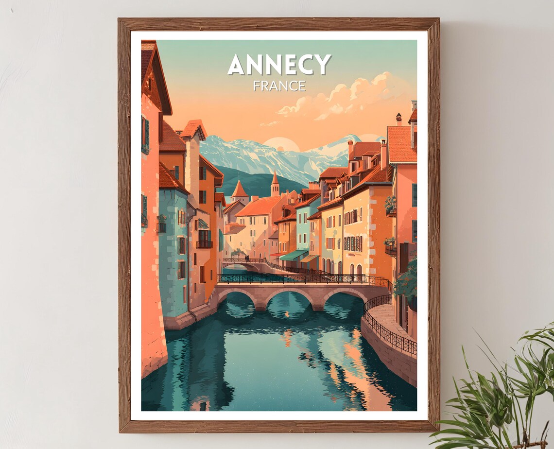 Annecy France Retro Travel Poster, Lake Landscape