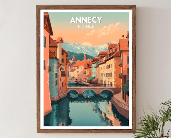 Annecy France Retro Travel Poster, Lake Landscape