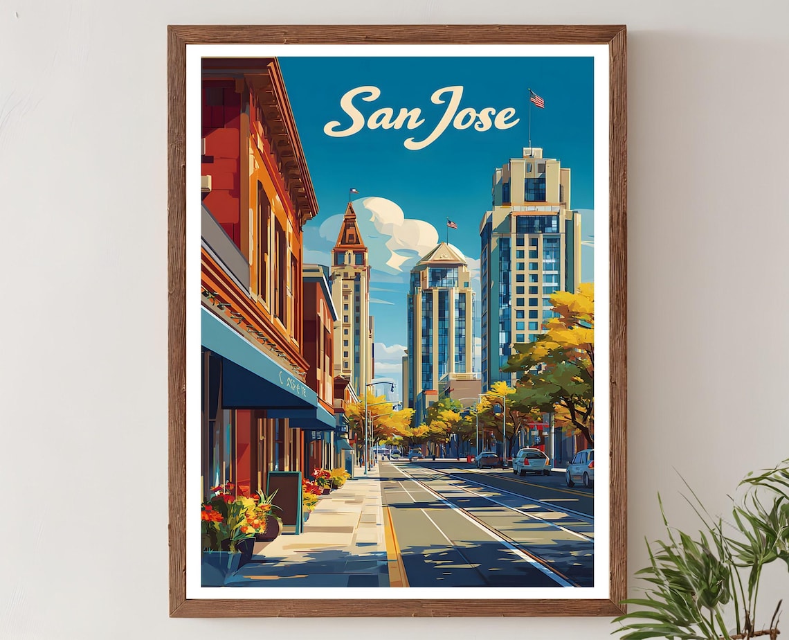 San Jose California Retro Downtown Street Scene Travel Poster