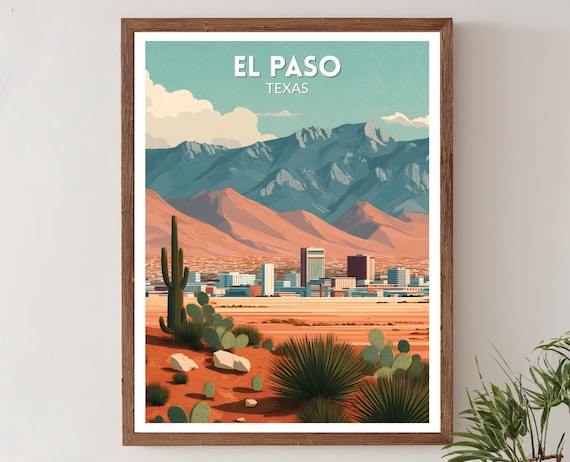 El Paso Texas Desert City Skyline Mid Century Modern Travel Poster