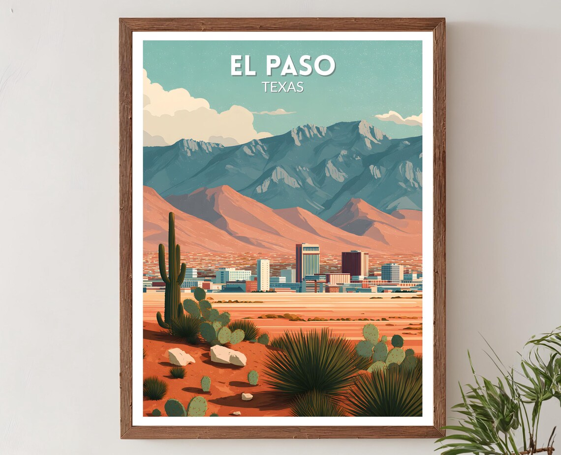 El Paso Texas Desert City Skyline Mid Century Modern Travel Poster