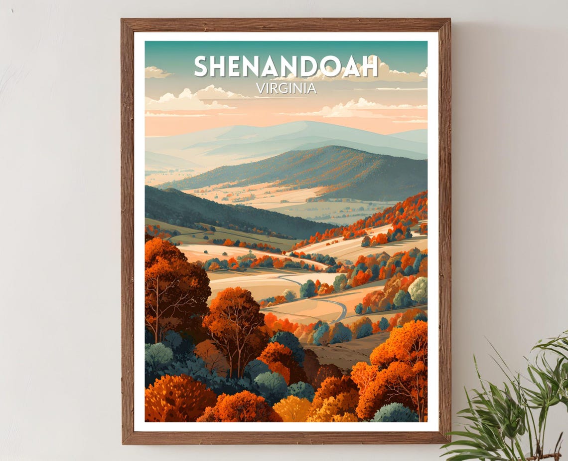 Shenandoah Virginia Retro Mid Century Fall Foliage Travel Poster