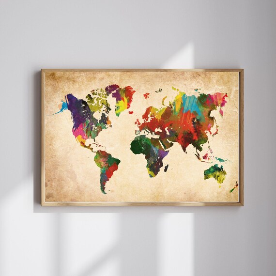 Colorful World Map Poster Vibrant Wall Art Modern Travel Decor Large Print Vintage Textured Classroom Office Artwork