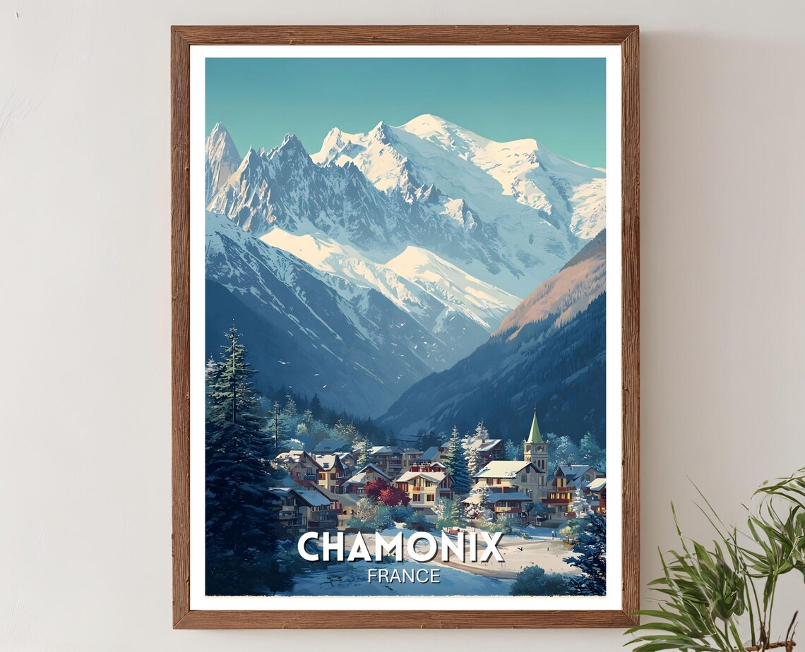 Chamonix France Mont Blanc Snowy Alpine Village Winter Travel Poster