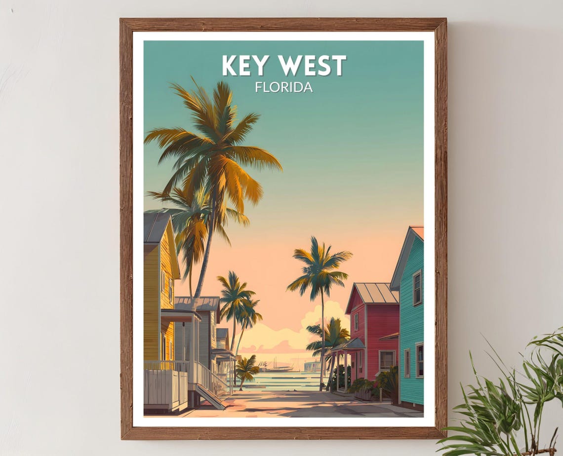 Key West Florida Retro Travel Poster Mid Century Palm Beach Art Decor