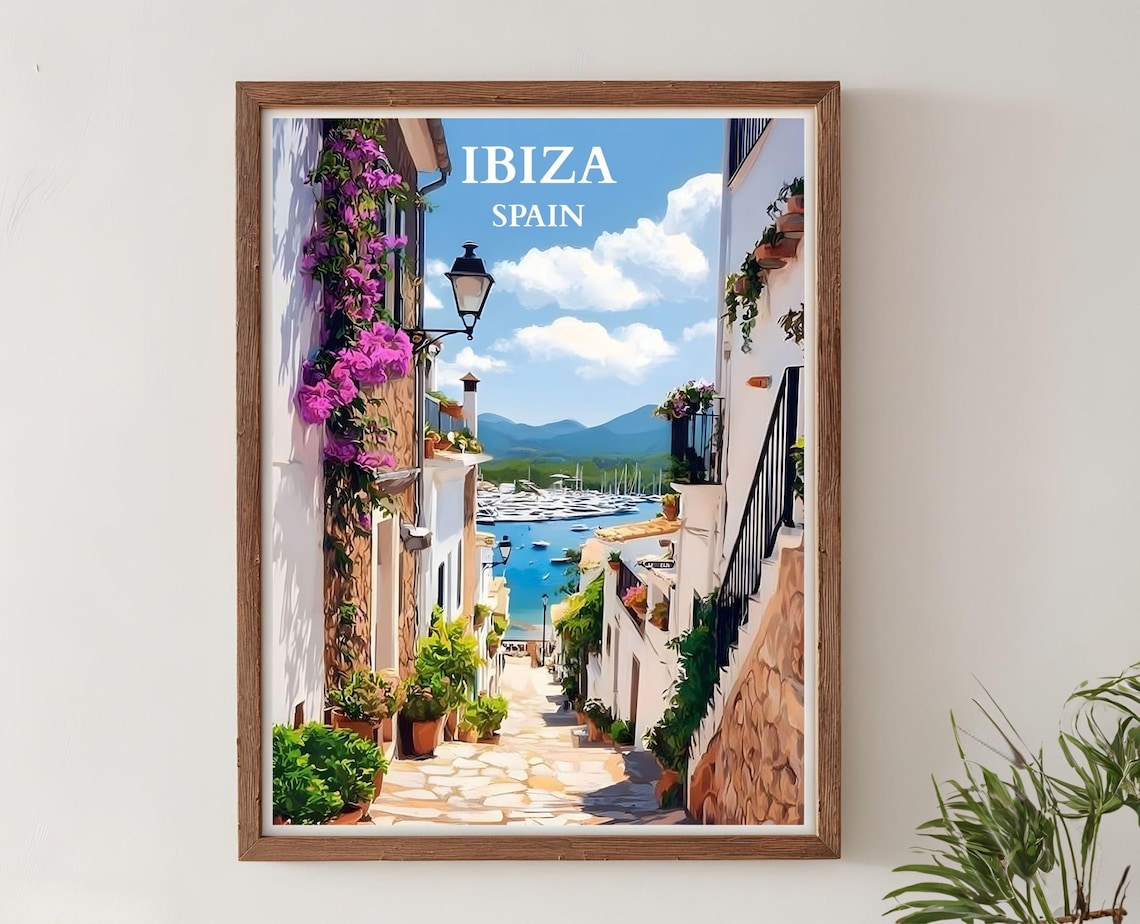Ibiza Spain Old Town Street Bougainvillea Marina Travel Poster