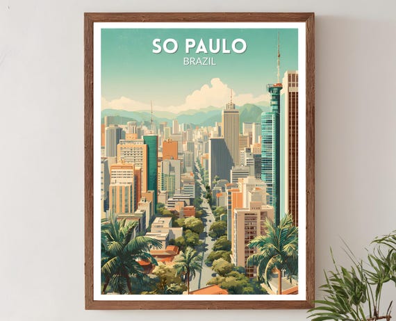 So Paulo Brazil Retro Travel Poster Mid Century Modern Wall Art Print Vintage Cityscape Decor South Home