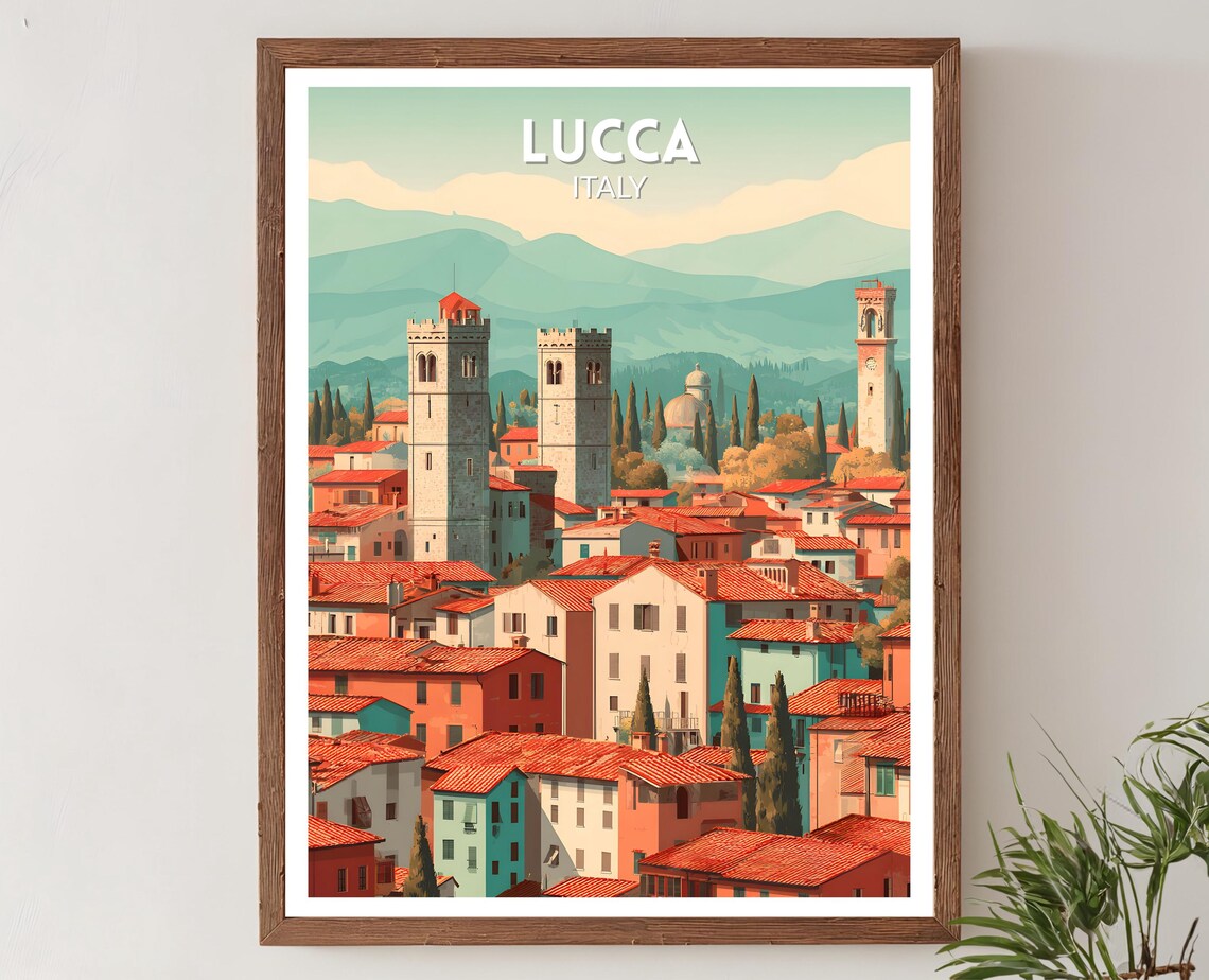 Lucca Italy Tuscan Old Town Red Roof Towers Vintage Travel Poster