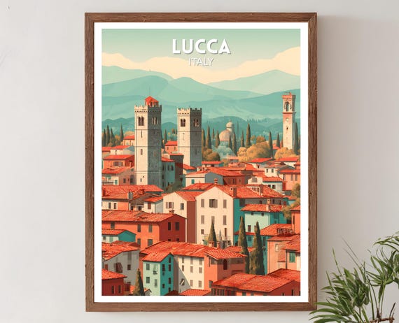 Lucca Italy Retro Travel Poster Mid Century Modern Wall Art Print Vintage Cityscape Decor European Home