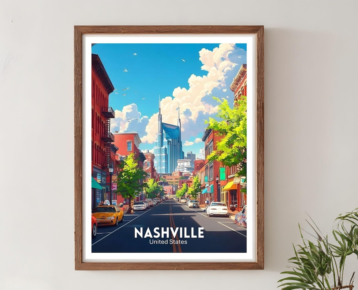 Nashville Tennessee Downtown Main Street Skyline Travel Poster