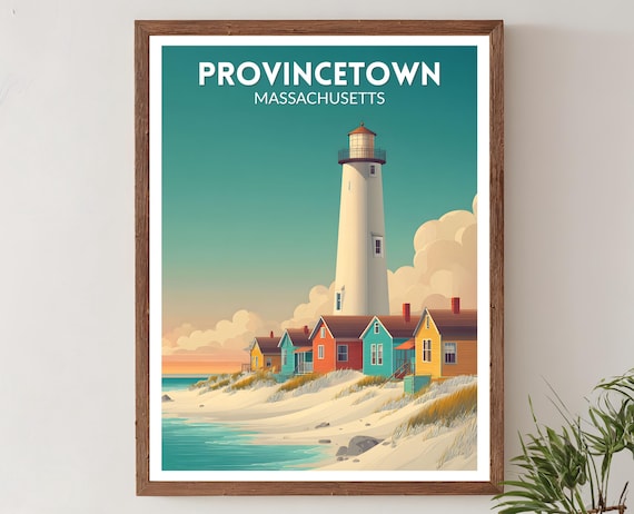 Provincetown Massachusetts Retro Lighthouse Beach Cottages Travel Poster