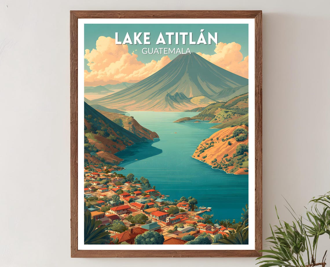 Lake Atitlan Guatemala Retro Mid Century Modern Volcano Travel Poster