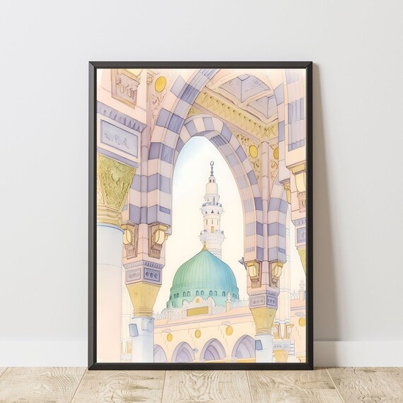 Medina Green Dome Mosque Watercolor Islamic Architecture Art Poster