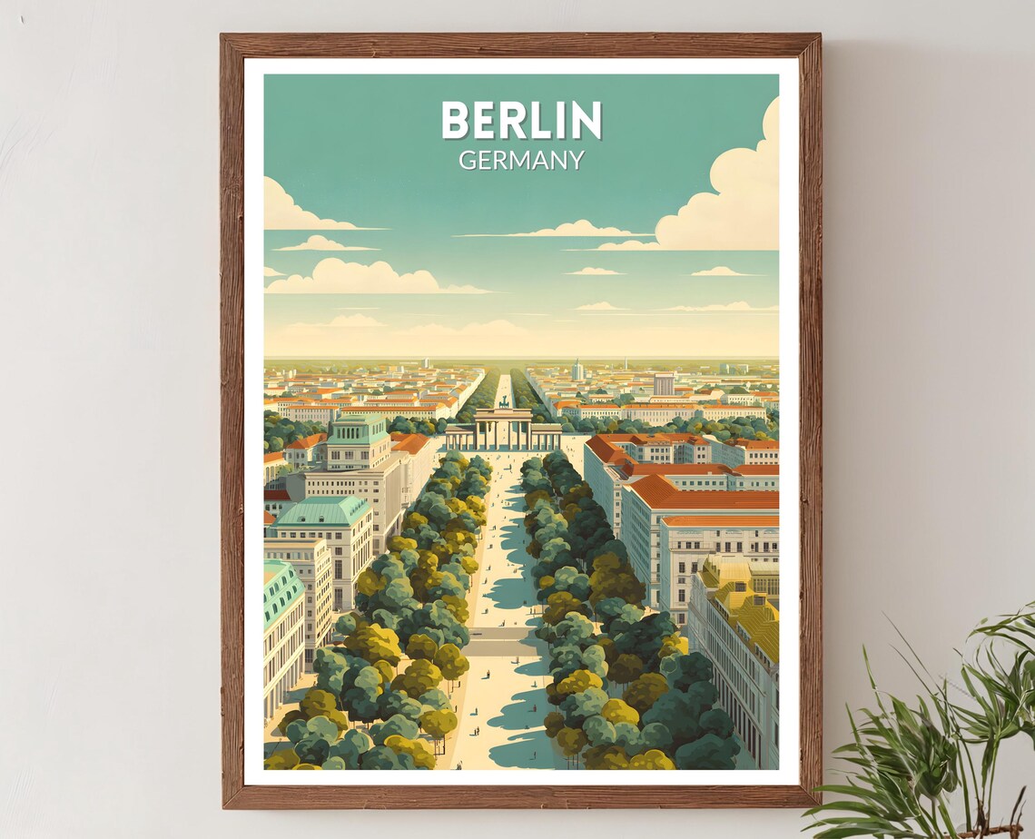 Berlin Germany Retro City Travel Poster Brandenburg Gate Art