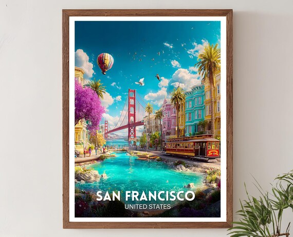 San Francisco Wall Art Print Golden Gate Bridge Poster Retro Travel Artwork Colorful Cityscape Decor Usa